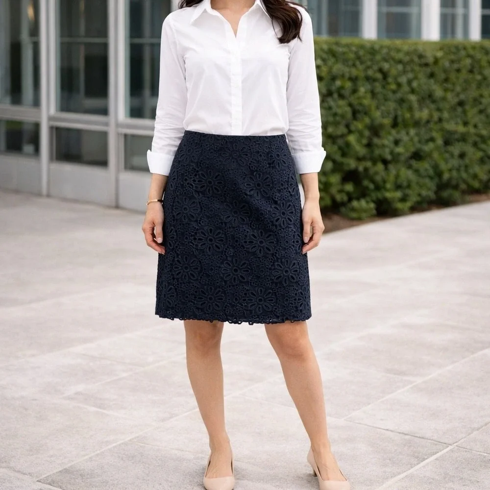 J. Crew Women's Eyelet Crochet Floral Career Retro Cotton Pencil Skirt Size0P - Picture 8 of 8